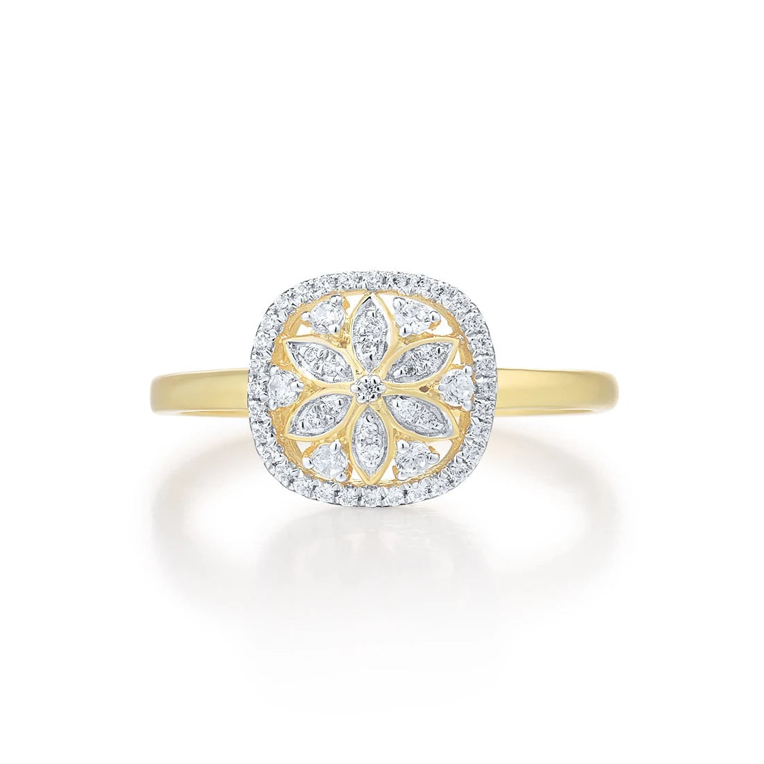 14K 585 Yellow Gold Sparkling Diamond Flower Ring