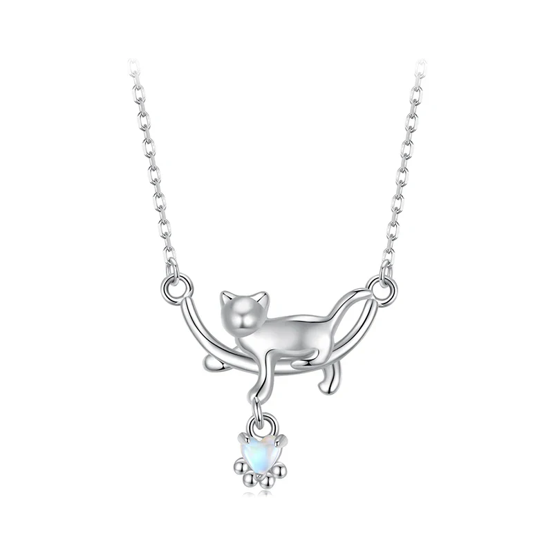 925 Sterling Silver Heart Moonstone Cat Necklace