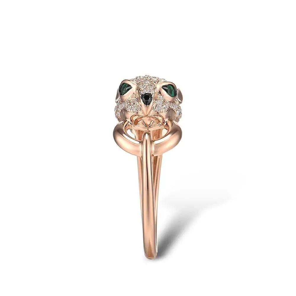 Genuine 14K 585 Rose Gold Leopard Ring Sparkling Diamond Engagement Anniversary Jewelry