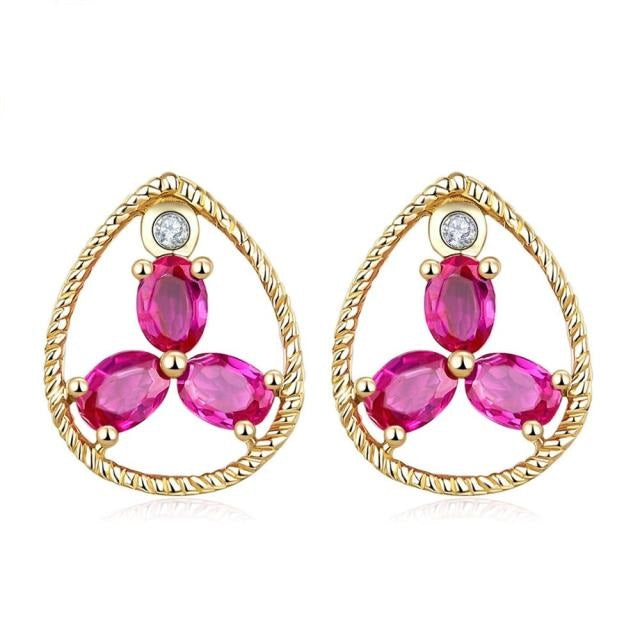 10K Rose Gold Natural Ruby Diamond Solid Gemstone Stud Earrings