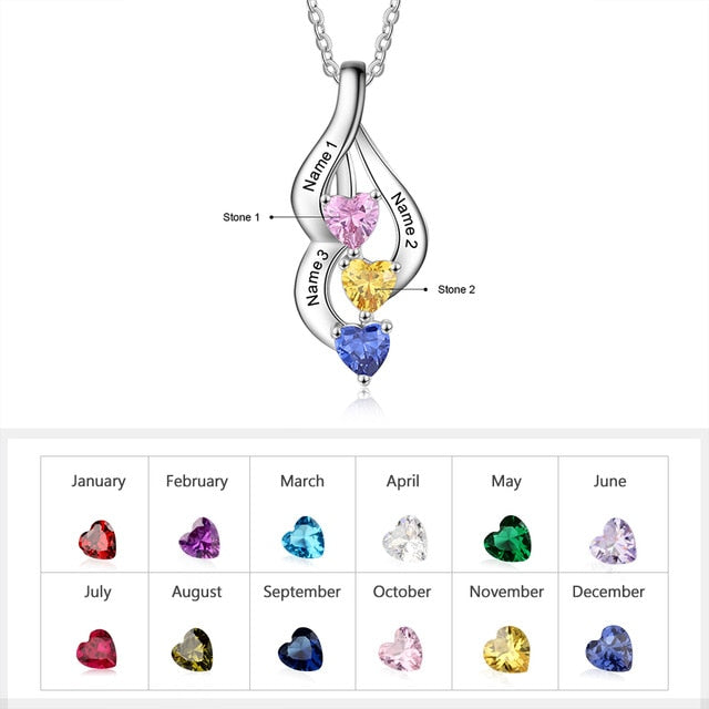 Custom 3 Heart Birthstone Pendant Necklace