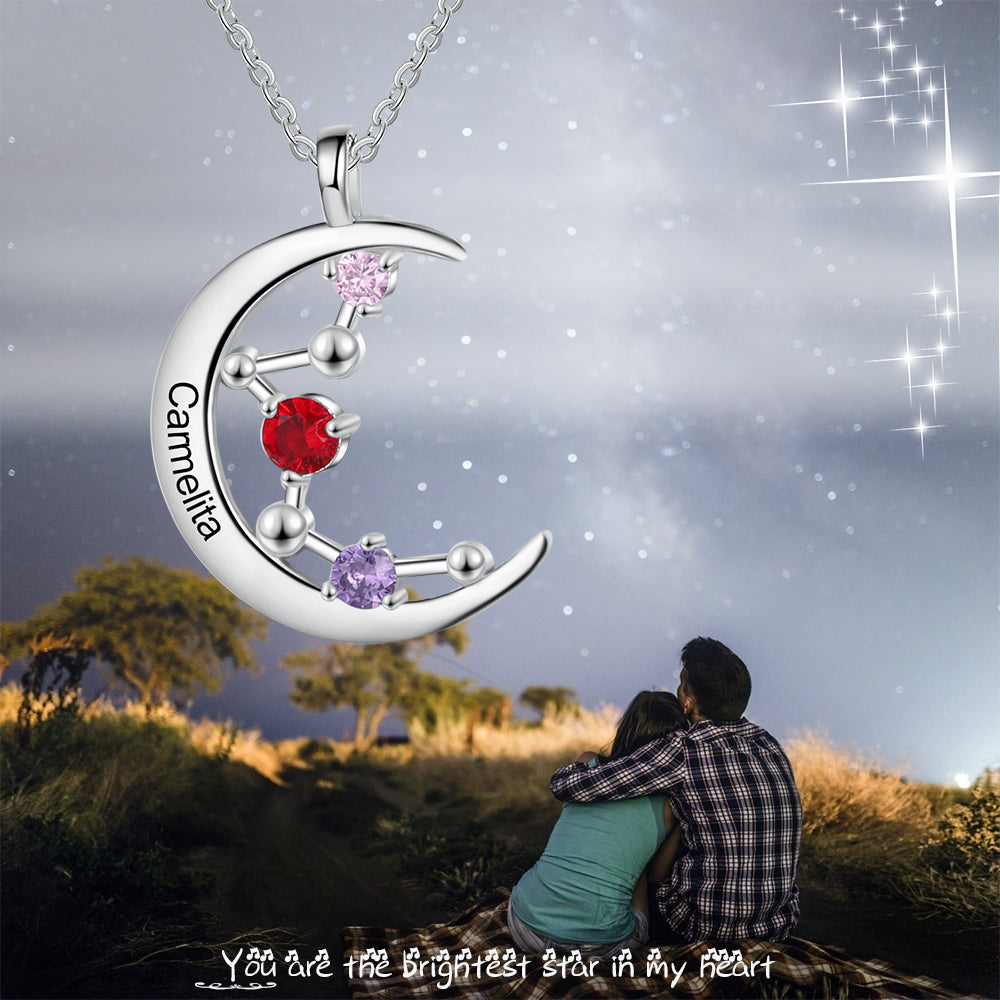 Personalized Necklace Constellation Moon Pendant Customized 3 Birthstones Silver Color Jewelry Gift