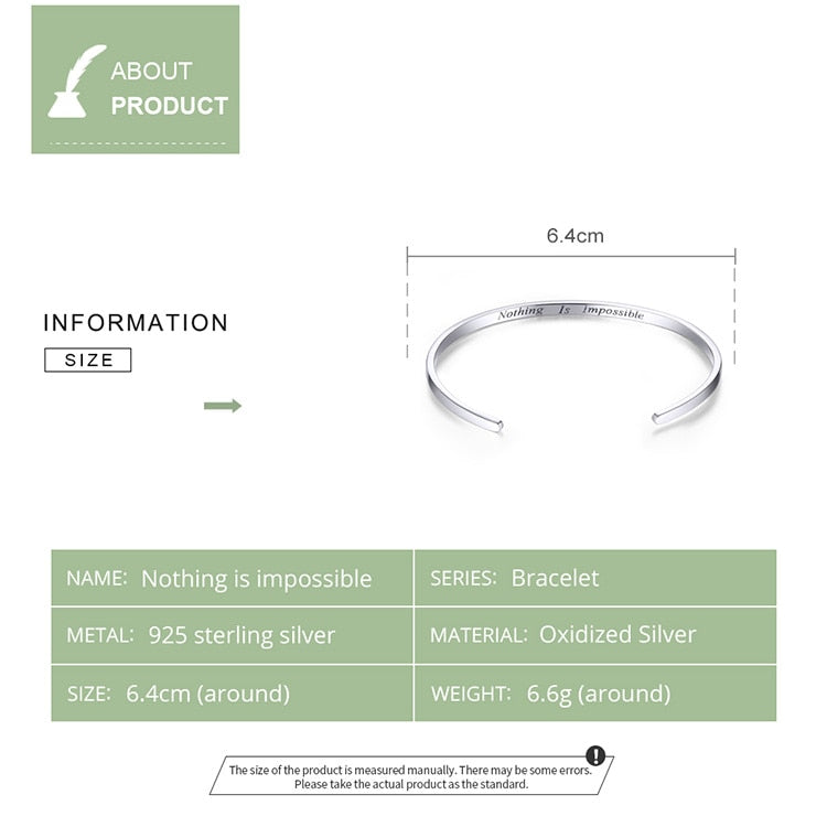 Sterling Silver Engrave Courage Bangle "Nothing is impossible" Fashion Bracelet