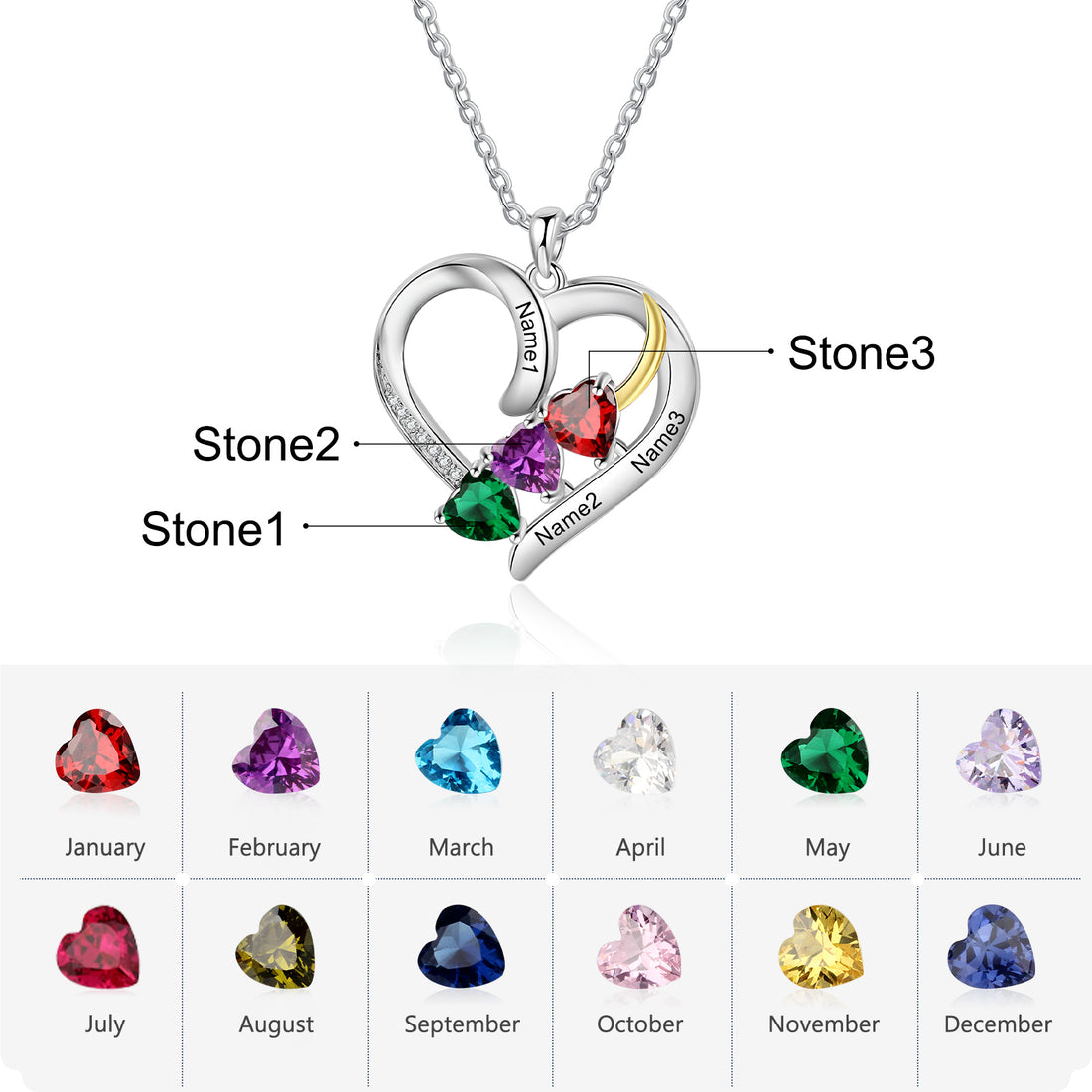 Customized Heart 3 Birthstone Personalized Engraved Name Necklace