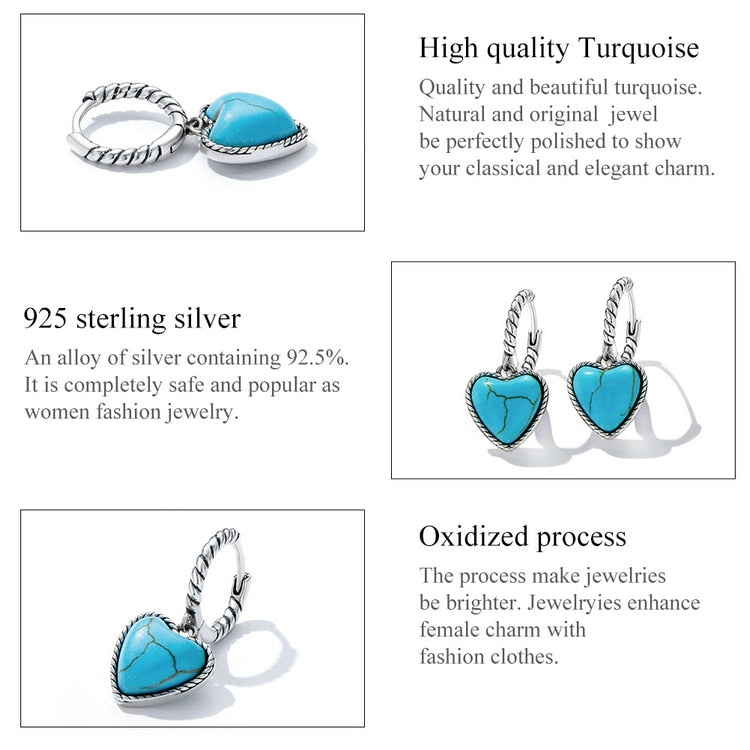 925 Sterling Silver Blue Heart Turquoise Earrings