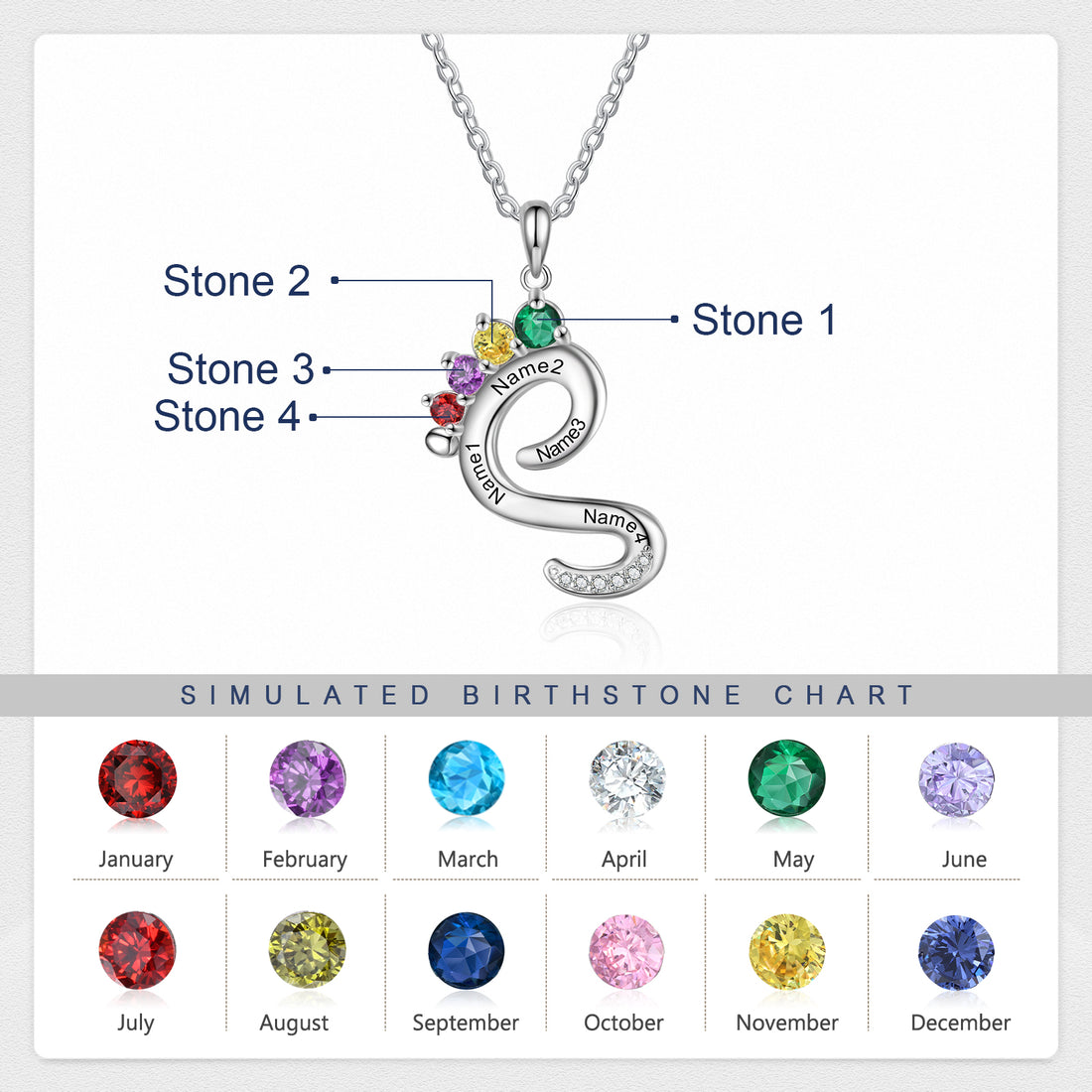 Customized Family Name Baby Foot Birthstone Necklace