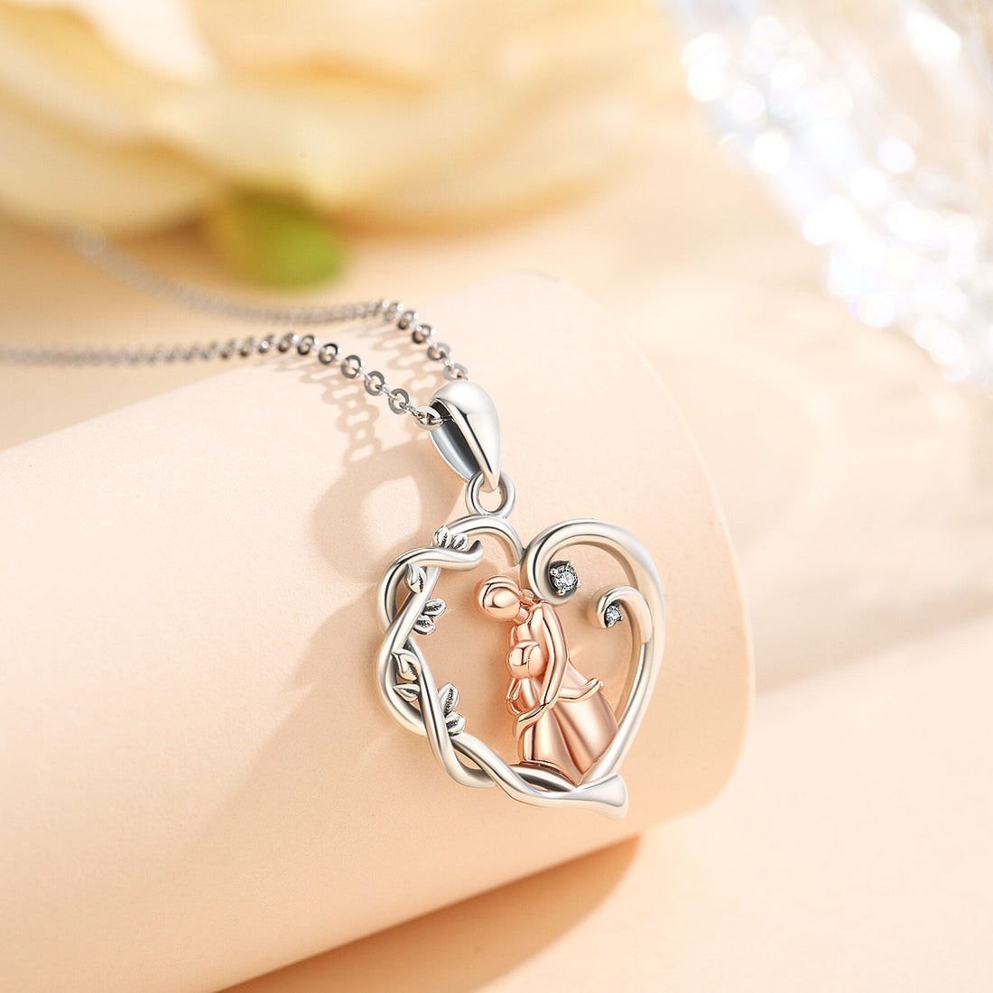 Sterling Silver Mom And Daughter Hug Rose Gold Pendant Vine Leaf Heart Necklace